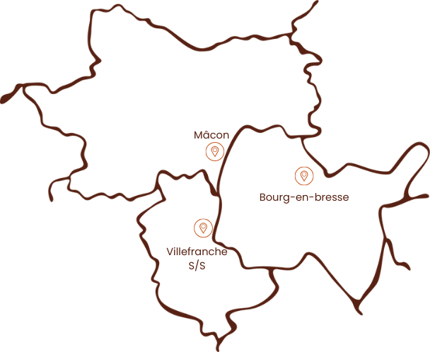 Carte représentant les trois départements ou j'interviens, Ain , Rhône et Saône et loire